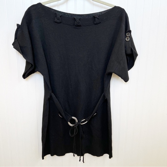 Avalin NWT Black Rabbit Fabric Short Sleeve Belted Boat Neck Tunic Sweater Large - Picture 1 of 8